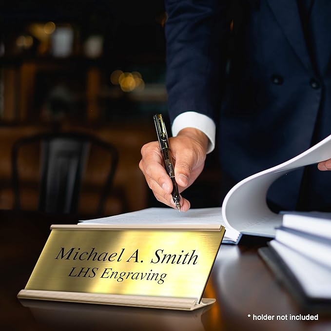 Engraved Name Plates for Door Sign Personalized Brushed Brass Plastic Plaque with Black Letters - Made in USA 2x12 M6