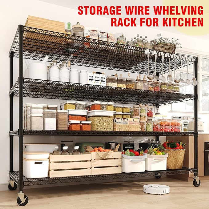 MilleLoom 4 Tier Industrial Storage Shelving Unit 2640LBS Capacity, Heavy Duty Adjustable Metal Shelves w/Wheels & Leveling Feet, Garage, Workshop, Basement Rack Shelf, 73.8" H*23.9" D*59.8" W