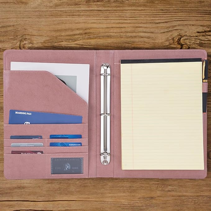 Geslun Vegan Leather 3 Ring Binder, 8.5 x 11 Letter Size Folio with Pen Holder, Soft Notebook Portfolio Cover, Slim Notepad Padfolio Thin File Organizer for Work Executive Meeting, Pink