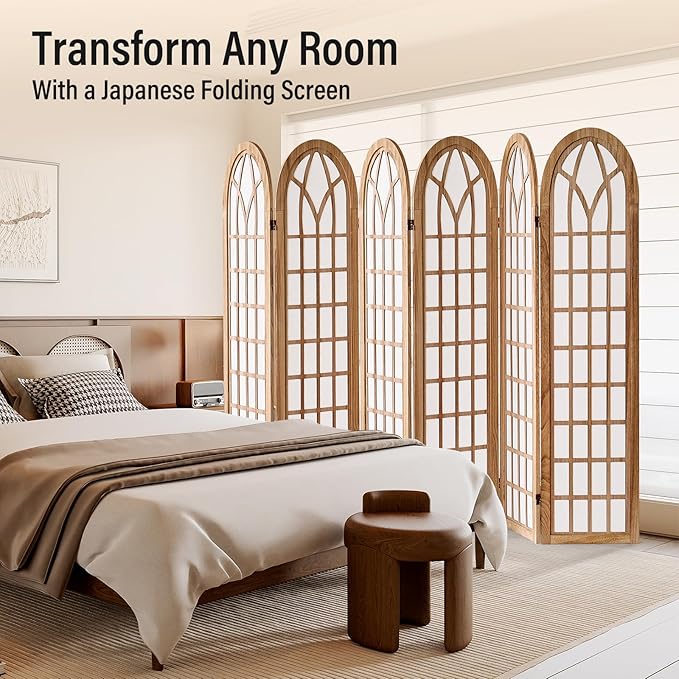 ALeesing Folding Room Divider Privacy Screen Freestanding 6-Panel Shoji Style Wooden Frame Decorative Partition Wall for Bedroom Office Apartment Natural