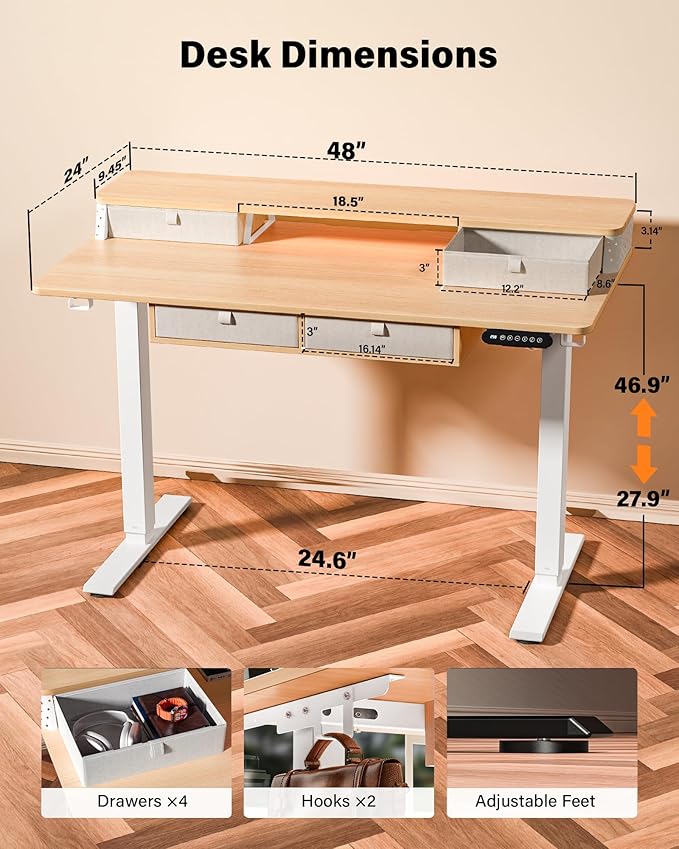 FiCiHi Electric Standing Desk with Four Drawers, Adjustable Height Sit Stand Desk, C-Clamp Compatible Home Office Desk with Storage Shelf & Monitor Stand Riser, 48 x 24 Inch, Maple