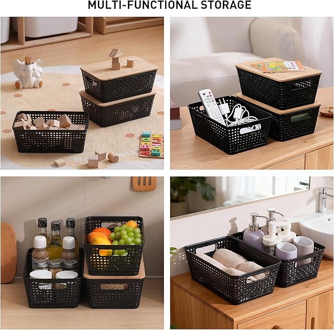 Anywish Storage Bins with Lids 8 Packs, Plastic Storage Bins with Bamboo Lids for Pantry Organization and Storage Containers for Shelves Drawers Desktop Closet Playroom Classroom Office Home, Black