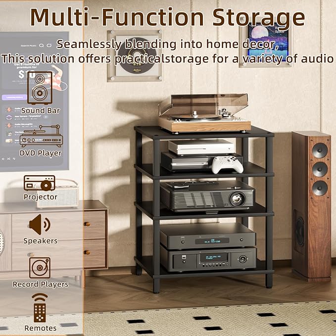 4-Tier AV Media Player Stand, Black Stereo Cabinet, Modern Stereo Cabinet, Wooden TV Stand,Game Console Shelf, Multifunctional Entertainment Center, Suitable for Home, Conference Room, Game Studio