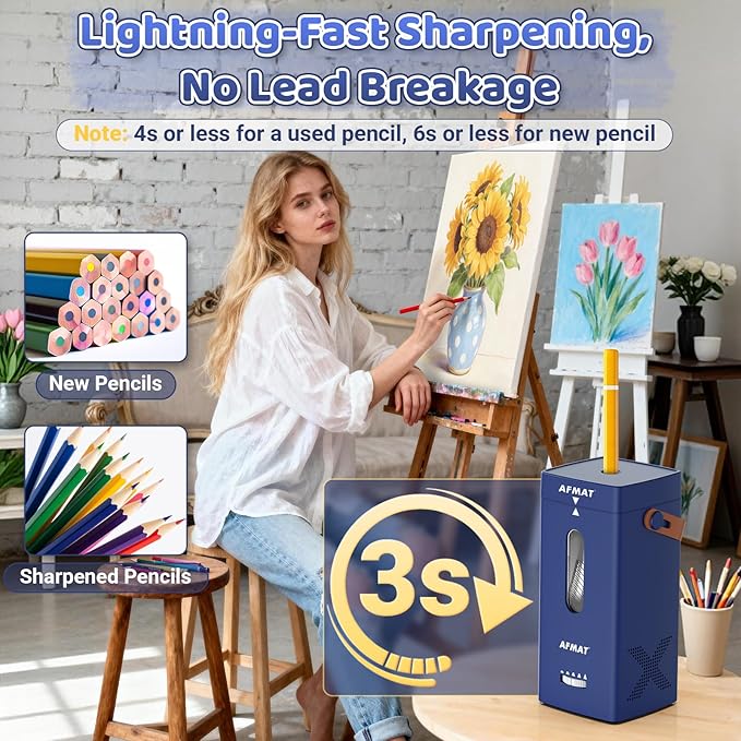 AFMAT Electric Pencil Sharpener, Fully Automatic Pencil Sharpener, Auto in & Out, Rechargeable Hands-Free Sharpeners for Jumbo & Colored Pencils (6.5-12mm), Portable for Home/Classroom/Office PSC6