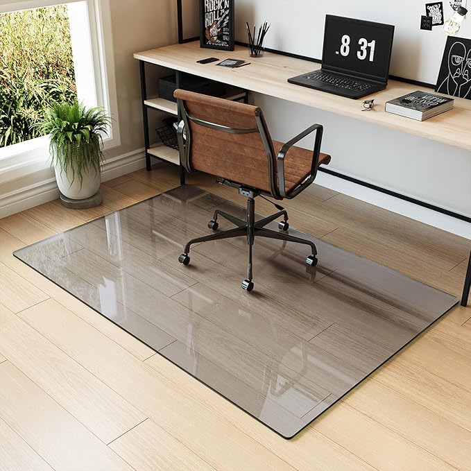 Koonmi Tempered Glass Chair Mat for Hardwood Floors & Carpets, 36" x 55“ Grey Heavy Duty Office Floor Protector, Scratch & Dust Concealing, Noise-Free for Home Office Desk