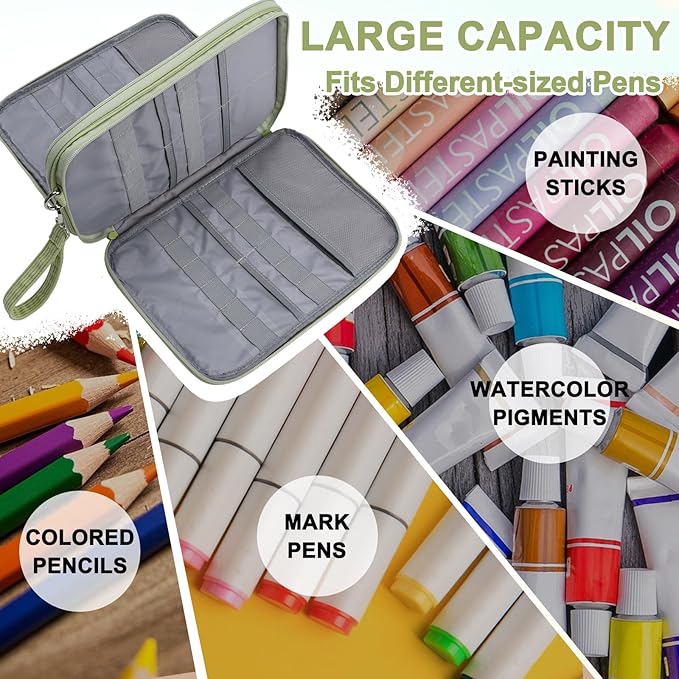 VASCHY Colored Pencil Case, Corduroy Large Pencil Pouch for Art Pens Markers Gel Pens Big Holder Organizer Fits 192 Pencils for Girls Women Light Green