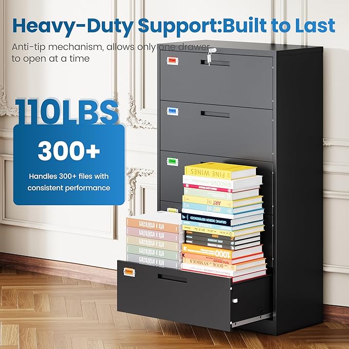 PEUKC 5 Drawer File Cabinet, Lateral Filing Cabinets for Home Office, Office Storage Drawers with Lock, Hanging Files Legal/Letter A4 Size (Assemble Required,Black)