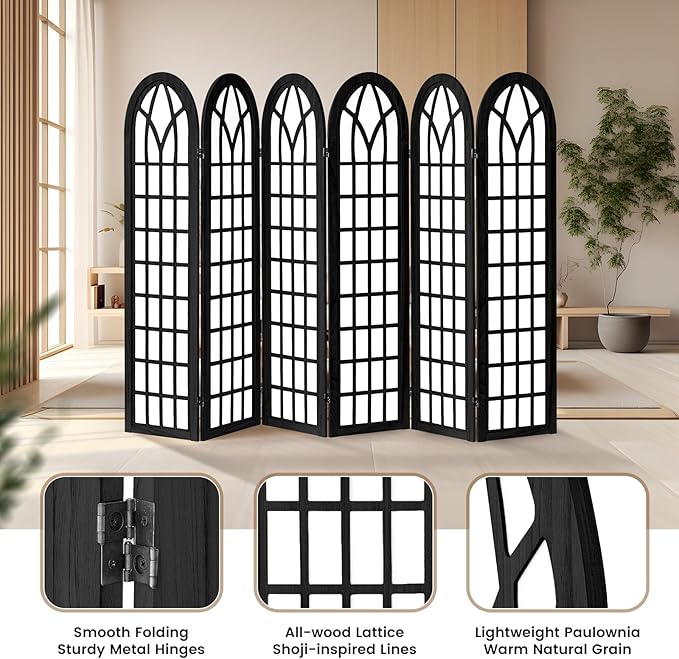 ALeesing Folding Room Divider Privacy Screen Freestanding 6-Panel Shoji Style Wooden Frame Decorative Partition Wall for Bedroom Office Apartment Black