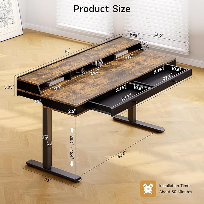 ONBRILL Standing Desk with Drawers, 63x23.6 Electric Stand Up Desk with Storage Shelf and Memory Controller, Sit Stand Desk Adjustable Height from 28-46" for Computer Workstation, Rustic Brown