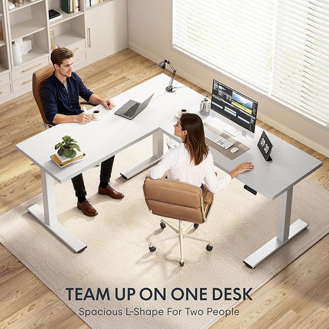 FLEXISPOT L Shaped Standing Desk, 71 x 63 Inch Electric Height Adjustable Corner Desk, Sit Stand Computer Workstation, Preset Controller, Home Office, White Frame with White Top