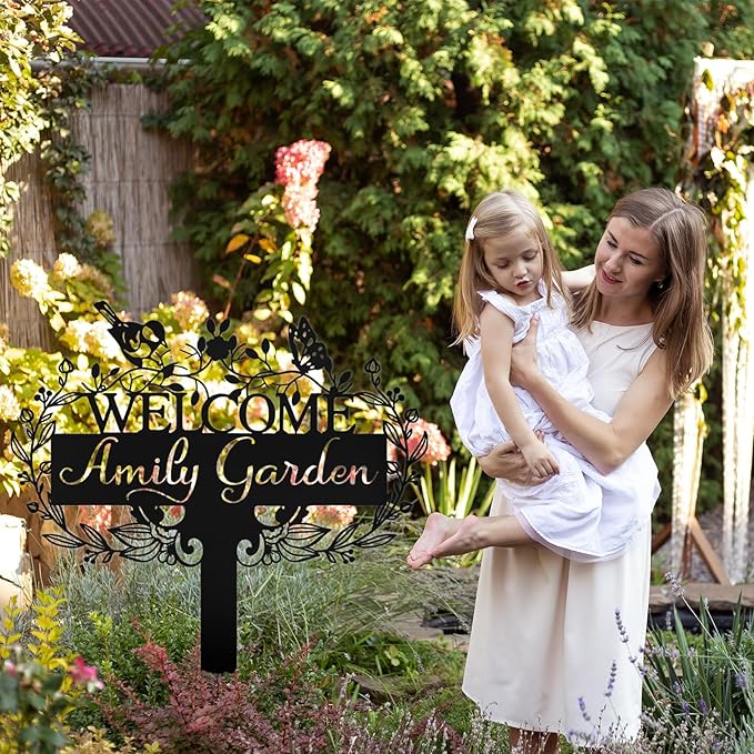 Custom Metal Garden Sign | Customized Butterfly Bird Garden Name Sign | Personalized Garden Signs | Metal Yard Sign Stakes | Personalized Metal Signs for Outdoors | Metal Signs Customized