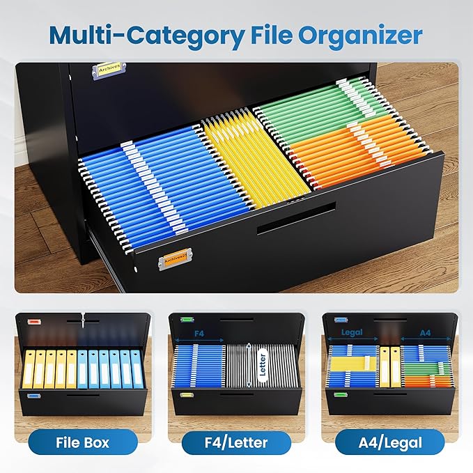 PEUKC 4 Drawer File Cabinet, Lateral Filing Cabinets for Home Office, Office Storage Drawers with Lock, Hanging Files Legal/Letter A4 Size (Assemble Required,Black)