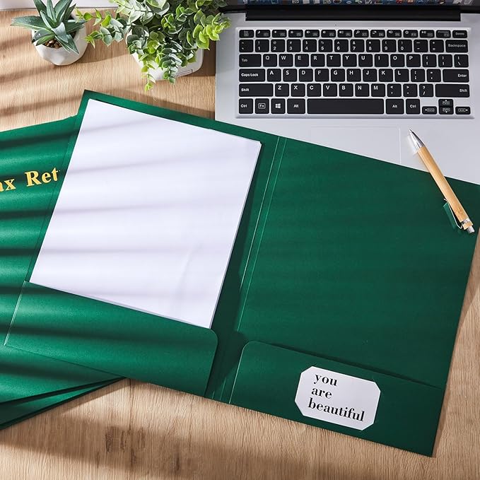 Harloon 40 Pcs Tax Return Folders 12 x 9 Inches 2 Pocket Folders Bulk Gold Foil Stamped Heavyweight Folder, Holds 8 x 11 Inches Letter Size Paper(Green,Cardboard)