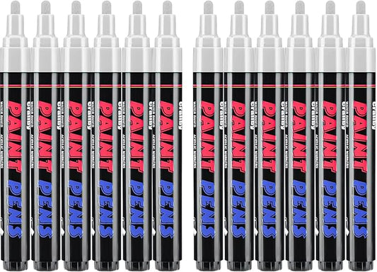 Craiiby White Paint Pens Paint Markers - 12 Pack Permanent Quick Dry Waterproof Marker Pens for Rocks Wood Fabric Plastic Canvas Glass Mugs Metal Tire Stone