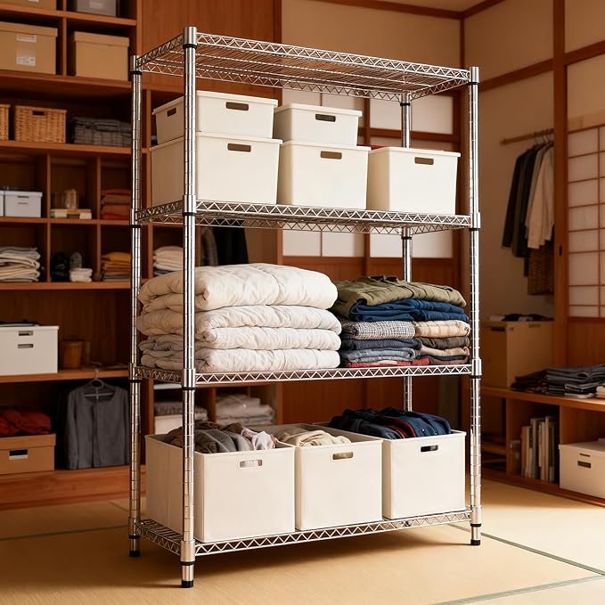 M MZG 4 Tiers Shelf Metal Storage Shelves 2640 lbs Steel Storage Shelving Utility Shelving Unit Steel Organizer Wire Rack for Home,Kitchen,Office,Garage Chrome 17.7" D x 47.2" W x 70.3" H
