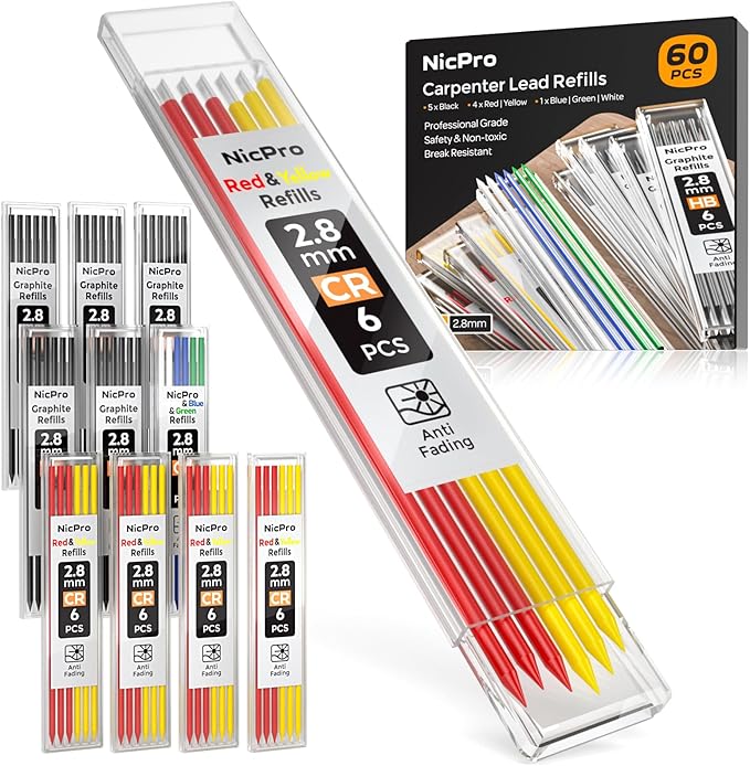 Nicpro 60 PCS Carpenter Pencil Refills - 2.8mm Lead for Mechanical Pencils, Construction & Woodworking - Break Resistant (Black, Red, Yellow, Green, Blue, White)