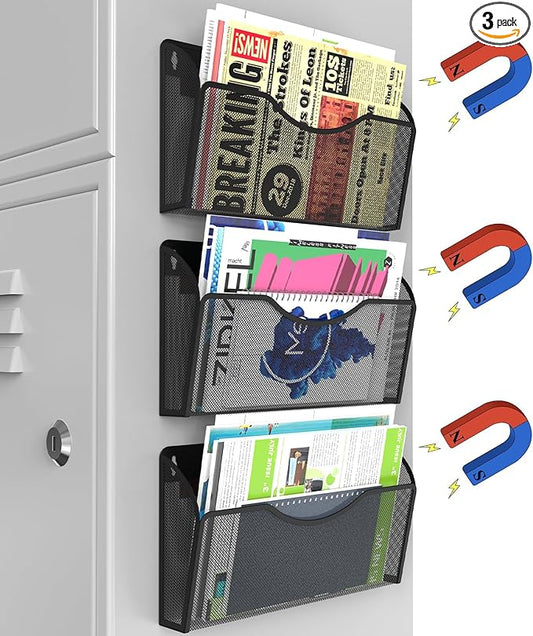 KZWKRG Magnetic File Holder 3PCS Wall File Folder Organizer, No Drilling Hanging Magazine Rack for Refrigerator, Document Paper Mail Folder Holders Office File Magnetic Organizer (Black)