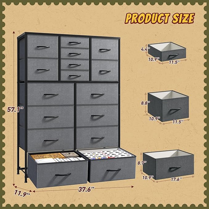 Romorgniz 57“H Dresser for Bedroom with Drawers,Fabric Dressers & Chests of Drawers for Bedroom,Large Dresser, Sturdy Metal Frame & Wood Top,Entryway, Hallway(Grey)