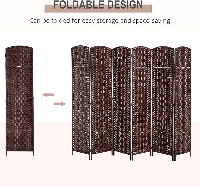 HOMCOM Room Divider, 6 Panel Folding Privacy Screen, 6FT Tall Portable Wicker Weave Partition Wall Divider for Bedroom, Home Office, Brown