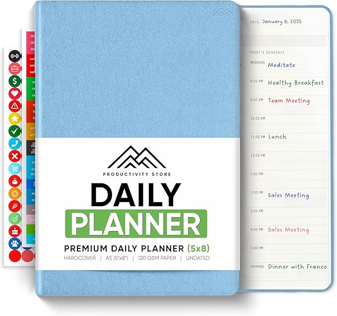 Daily Planner 2026 (5" x 8") - The Ultimate Daily Workflow Planner with Hourly Schedule & Task List to Achieve Your Goals by PRODUCTIVITY STORE (A5, Blue)
