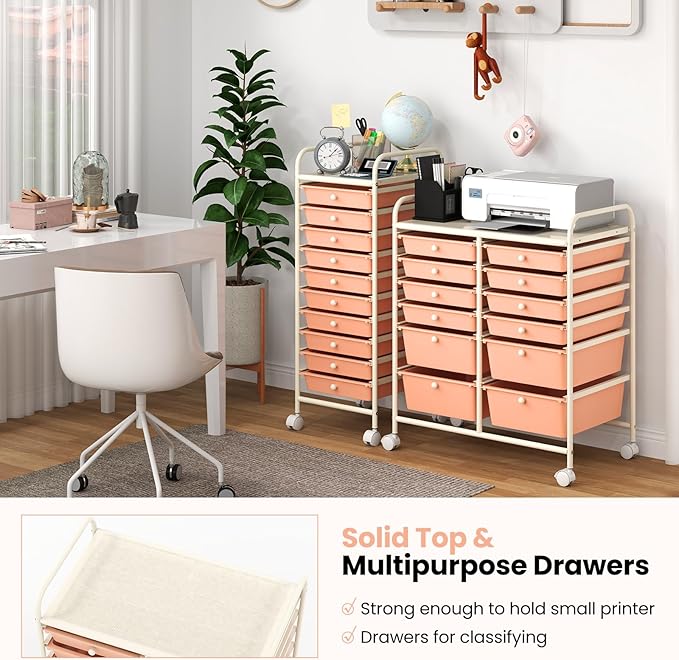 Giantex 12 Drawers Rolling Storage Cart, Classroom Organizers with Wheels for Tools Scrapbook Craft Paper Teacher Office School Supplies (Peach Fuzz)
