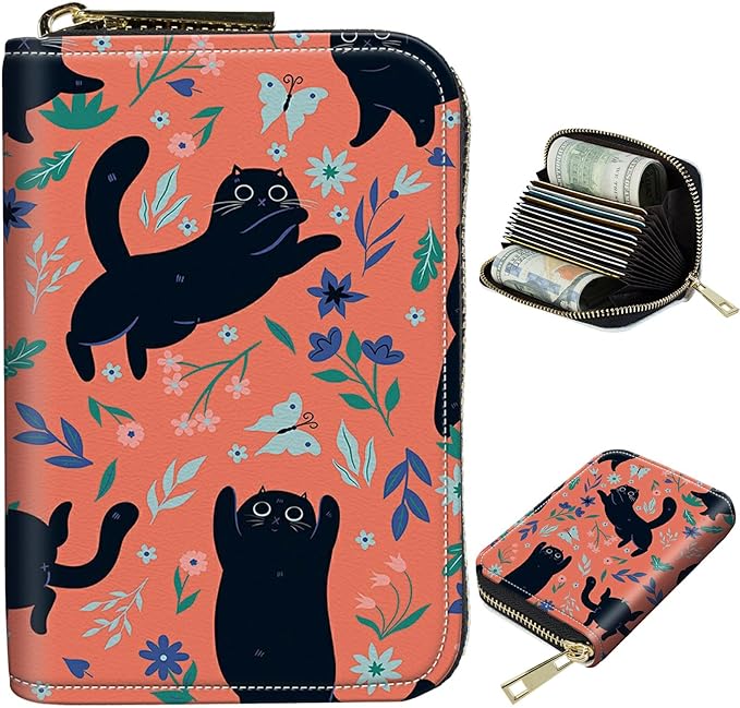 BWEGRHE Cute Credit Card Holder with Zipper, Black Cat Flowers RFID-Blocking Card Case Small Wallet for Women Men, Multi-slot Card Organizer Case Travel Accordion Wallet