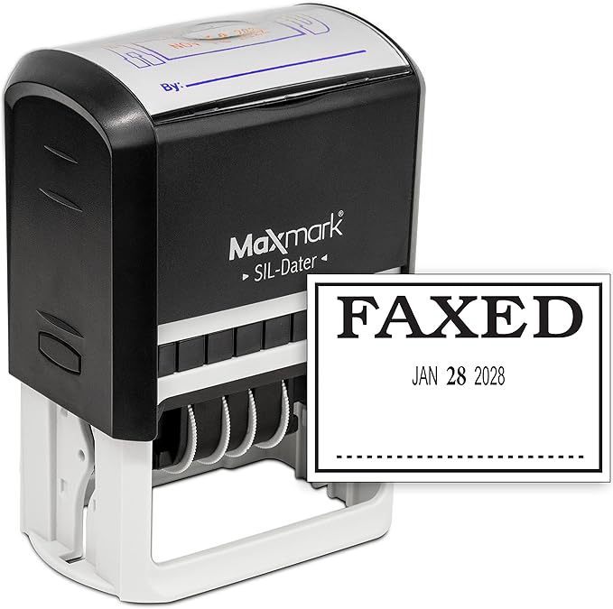 MaxMark Large Self-Inking Rubber Date Office Stamp with Faxed Phrase & Date - Black Ink, 12-Year Band - Style 3