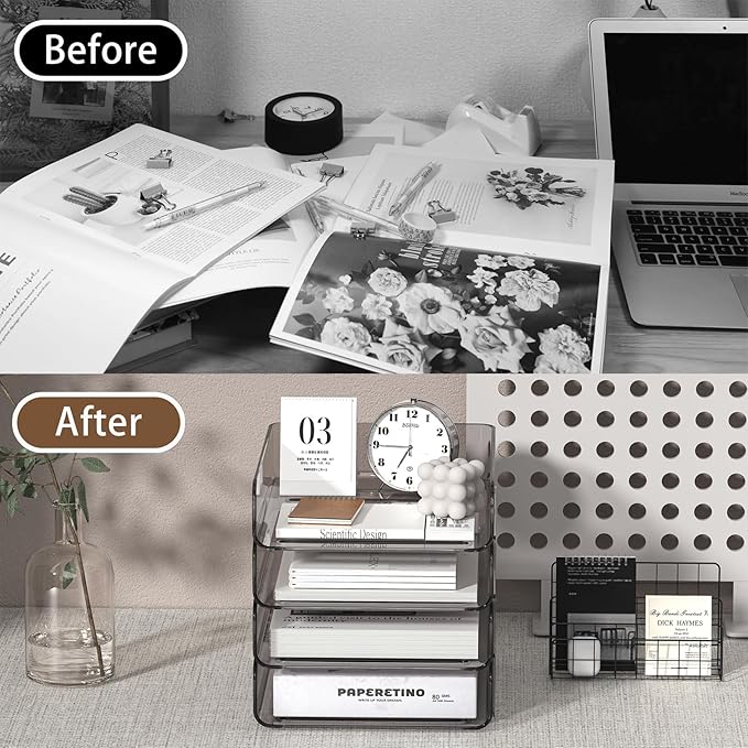 FANXIYQ Clear Paper Organizer - Brown Acrylic Stackable Paper Tray for Desk, 4-Tier Letter Tray Organizer with Smooth Edges and Rounded Corners