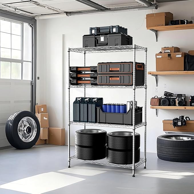 M MZG 1000 lbs 4Tier Shelf Metal Storage Shelves Wire Rack Closet Organizers with Wheel for Garage Kitchen Bathroom Laundry Chrome 13.7" D x 29.5" W x 47.2" H
