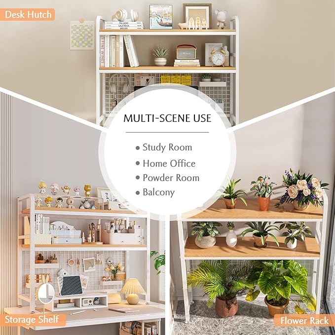 IOTXY 2-Tier Desktop Hutch Bookshelf - Metal Desk Shelf Bookcase with Grid Panel, Countertop Storage Organizer Rack for Dorm or Office, White, 37.4" W