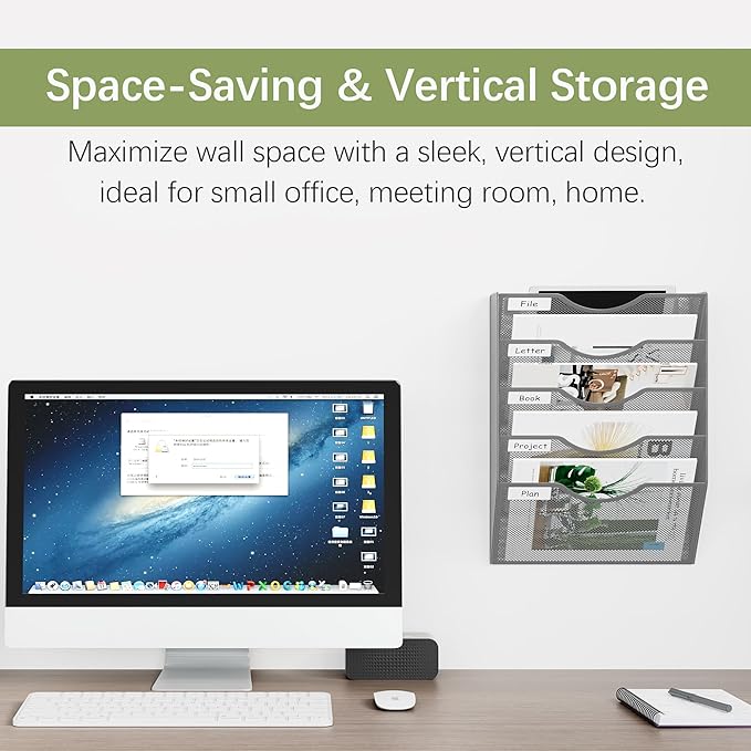 EasyPAG 5 Pocket Mesh Wall File Organizer, Hanging Paper Folder Holder with Classify Label, Vertical Wall Mount Mail Organizer for Office Home Classroom, Silver