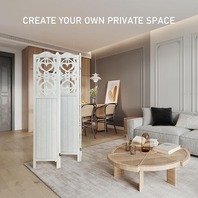 ALeesing 4 Panel Room Divider Fully Assembled, Carved Room Dividers and Folding Screens, 5.6Ft Wood Room Divider Screen Freestanding Partition Wall Dividers for Home Bedroom Office, Rustic White