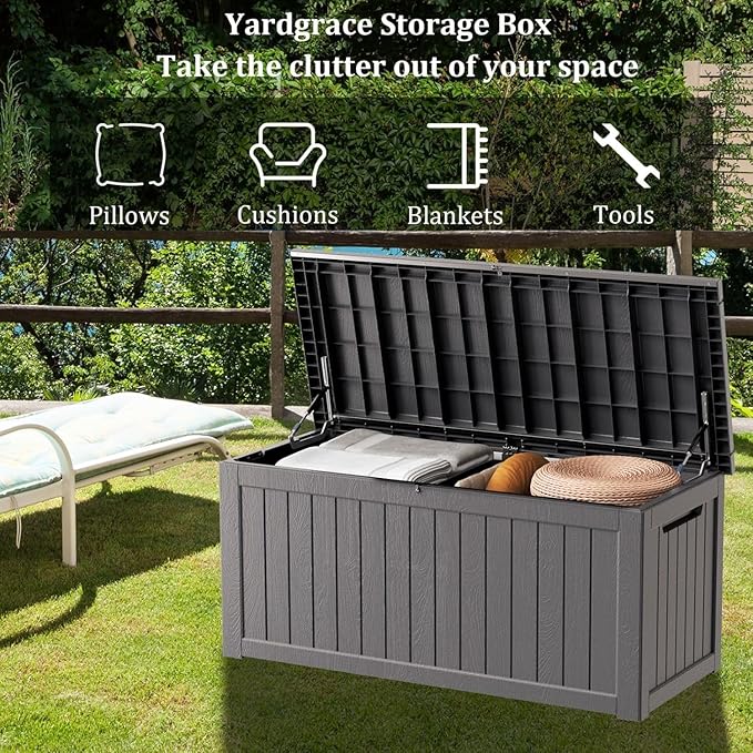 PATIOEASY Outdoor Storage Box 270GAL Waterproof Resin Deck Box,UV-Resistant Lockable Delivery Bin for Garden Tools,Large Patio Outside Cushions,Pool Accessories Supplies,Chest,Furniture,Package,Grey