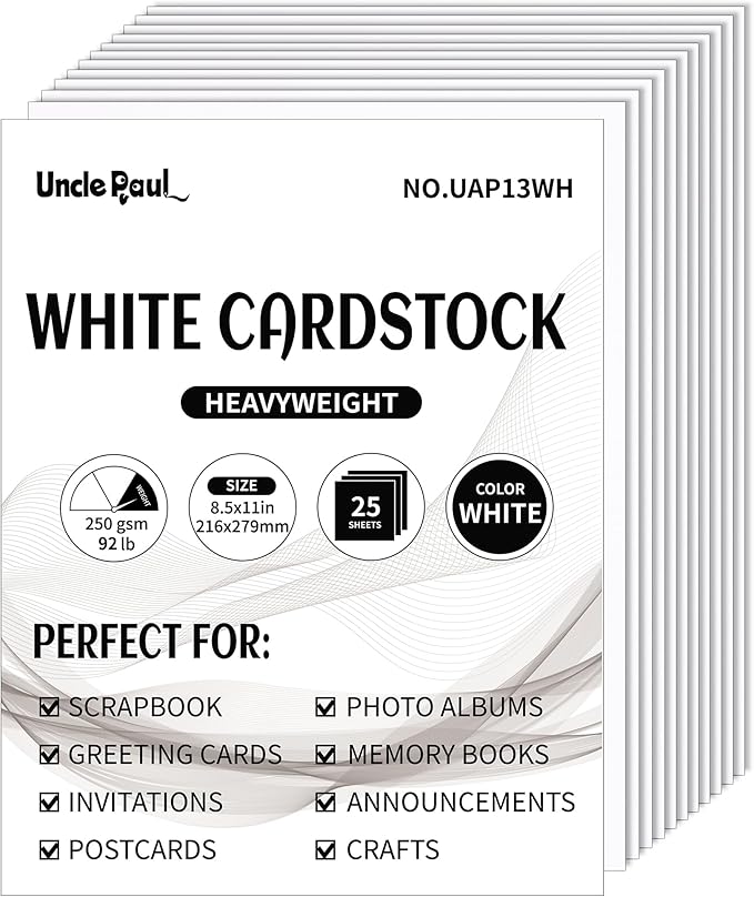 8.5'' x 11'' White Cardstock - 92lb Double-sided Cover Card Stock Heavyweight Paper Perfect for Scrapbooking, Crafts, Business Cards 25 Sheets 250gsm UAP13WH