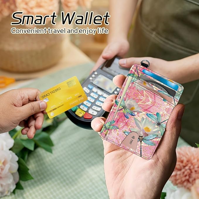 BWEGRHE Small Travel Wallets, Pink Dragonfly Slim Minimalist Front Pocket Wallet with Wristlet, RFID Blocking PU Leather Credit Card Holder with ID Window Change Purse for Men Women