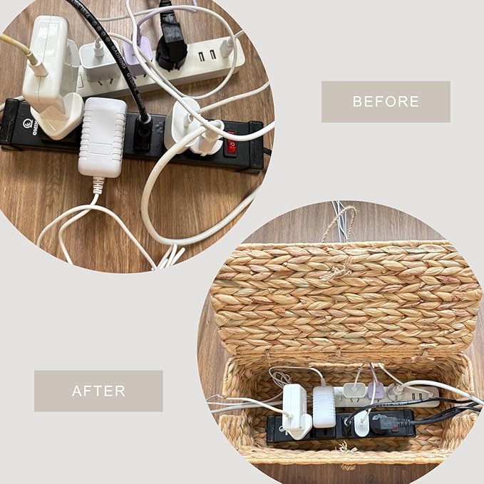 BINH YEN HOME Wicker Cable Management Box with Lid, A Handwoven Water Hyacinth Cords Hider Box for TV, Computer, Router, USB Hub to Hide Cords & Power Strip for Desk, Floor, Office, 16x6.9x6.9”