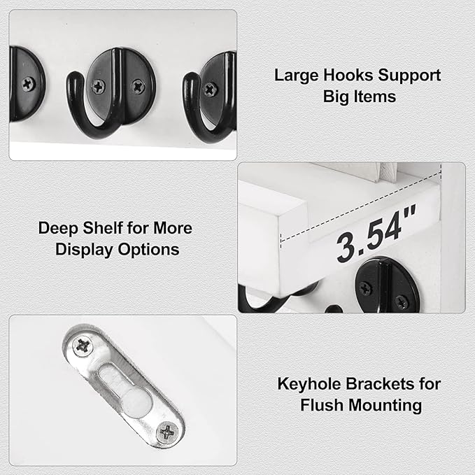 Lwenki Key Holder for Wall, Decorative Key and Mail Holder with Shelf Has Large Key Hooks for Bags, Coats, Umbrella – Paulownia Wood Key Hanger with Mounting Hardware (9.8”W x 6.7”H x 4.2”D)