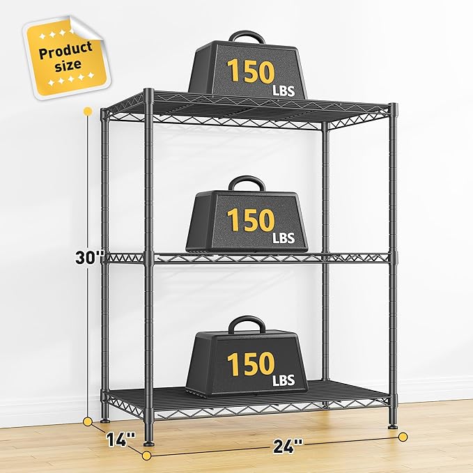 3 Tier Storage Shelves Metal Shelving Unit,Adjustable Wire Rack Pantry Kitchen Shelves,Small Shelf Wire Shelving for Laundry Office Bedroom Dorm Bathroom Closet 24" W x 30" H x 14" D Black Shelves