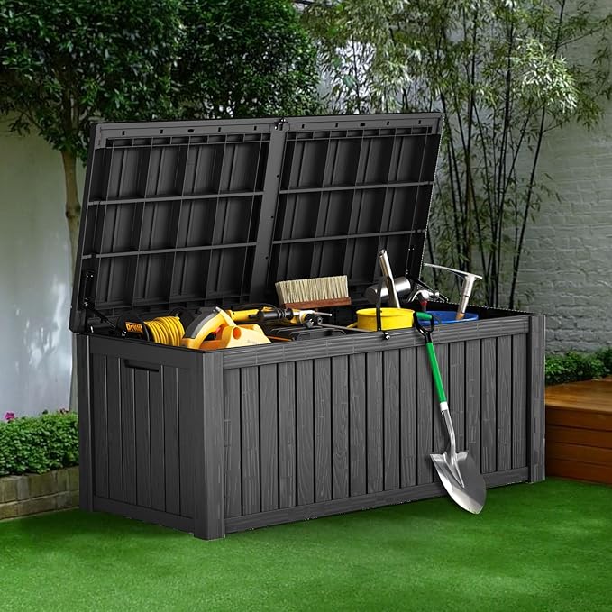 Decksplore Outdoor Storage Box Waterproof Large, 180 Gallon Lockable Resin Deck Box, Patio Storage Bin for Pool Accessories Cushion Furniture, Garden Tools, UV-Resistant Outside Delivery, Black