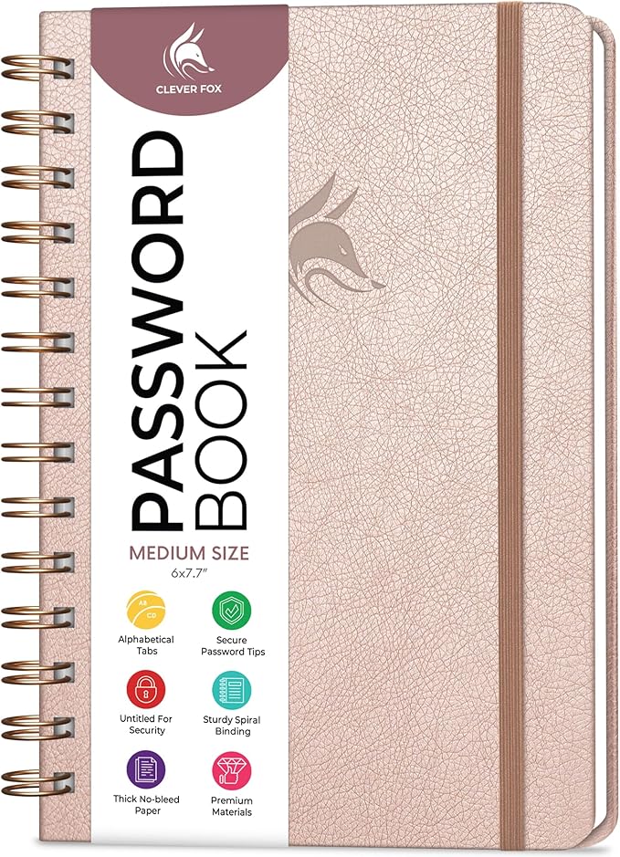 Clever Fox Password Book Spiral – Internet Address & Password Organizer with Laminated Alphabetical Tabs – Password Keeper Journal – Hardcover, Medium Size, 6.1x7.7” (Rose Gold)
