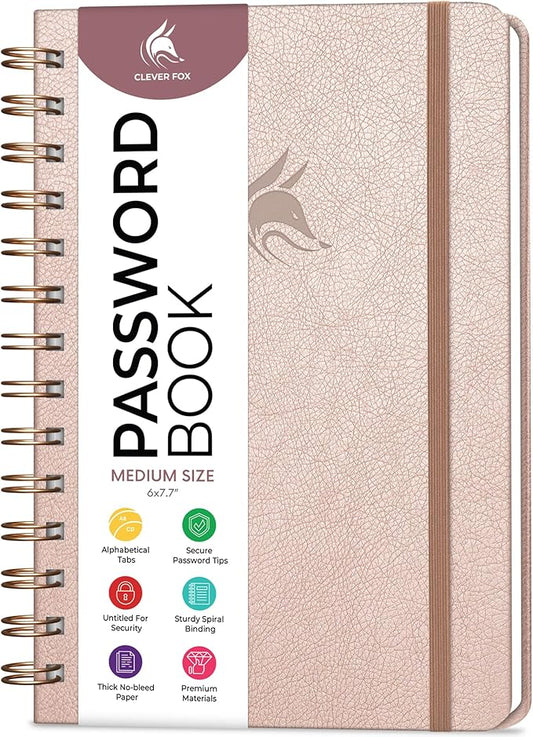 Clever Fox Password Book Spiral – Internet Address & Password Organizer with Laminated Alphabetical Tabs – Password Keeper Journal – Hardcover, Medium Size, 6.1x7.7” (Rose Gold)