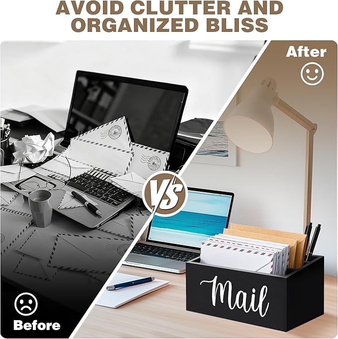 Mail Holder Countertop with 3-Slot, Mail Organizer for Desk with Removable Divider, Desktop Mail Basket Sorter Organizer, File Paper Letter Envelope Bill Holder for Office Home Entryway (Black)