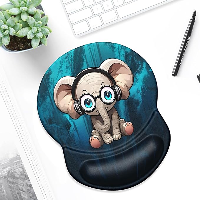 ITNRSIIET Ergonomic Mouse Pad with Gel Wrist Support Small Wrist Rest Smooth Surface Non-Slip PU Base Comfortable Office Supplies Pain Relief, 8.7 x 7.2 inches, Pretty Elephant