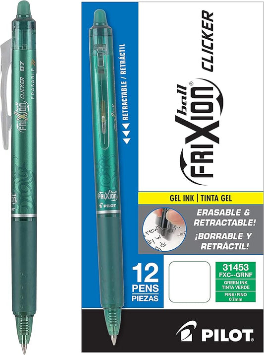 Pilot FriXion Clicker Erasable Gel Pens, Fine Point (0.7mm), Green Ink, 12-Pack - Refillable, Smooth Writing Pens for School, Journaling, and Office Use