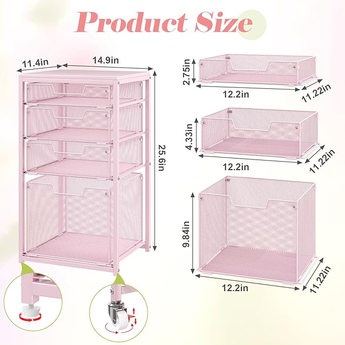 Sbanmao 4 Drawer Rolling File Cart Under Desk Storage, File Cabinets for Home Office, Mobile Filing Cabinet, Hanging File Organizer with Wheels, Utility Cart Printer Stand, Pink (Patent Pending)