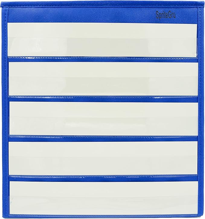 Blue Tabletop Desktop Pocket Chart with Bonus 20X Dry Erase Cards. Double Sided and Self-Standing (13” X 12”)