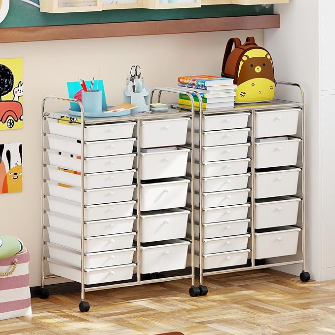 Giantex 15 Drawer Rolling Cart with Drawers, Storage Organizer Cart for Classroom Office School Teacher, Mobile Drawer Cart for Tools, Crafts, Small Printer, Ivory