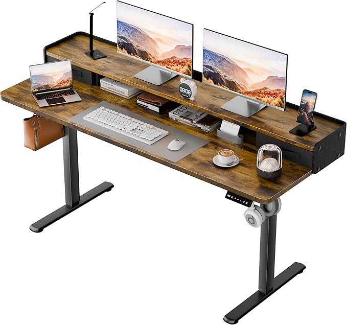 Homall Electric Standing Desk with 2 Drawers, Adjustable Height Computer Desk with Storage Sit Stand Table with Storage Shelf and Splice Board Quick Install for Home Office (Rustic Brown, 55 Inch)