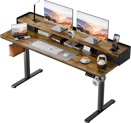 Homall Electric Standing Desk with 2 Drawers, Adjustable Height Computer Desk with Storage Sit Stand Table with Storage Shelf and Splice Board Quick Install for Home Office (Rustic Brown, 55 Inch)