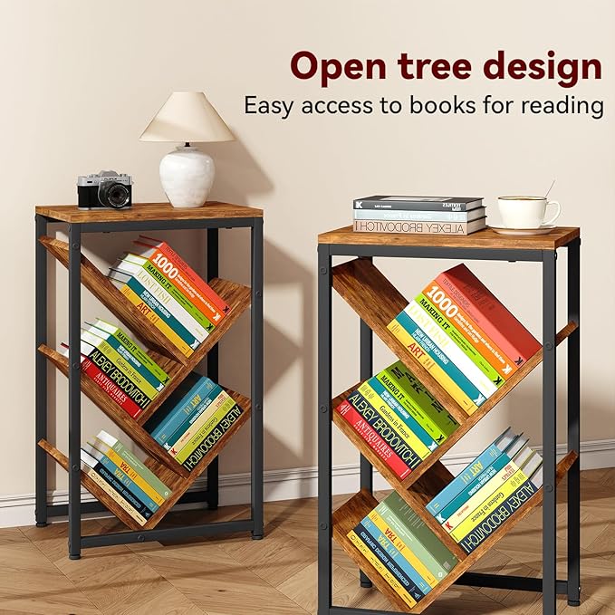 IBUYKE 5 Tier Tree Bookshelf, Small Desktop Bookshelf with Storage Organizer,for Books/CDs/Movies,Desk Display Bookcase for Bedroom Living Room,Rustic Brown,TBC003H